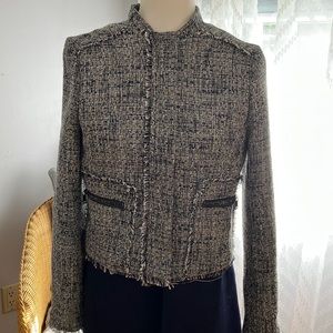 Gorgeous Banana Republic navy tweed fringe zipper suit jacket coat Size 6